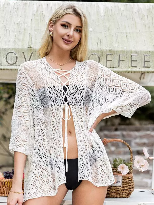 Women Solid Color Hollow Lace-Up Cardigan Beach Top