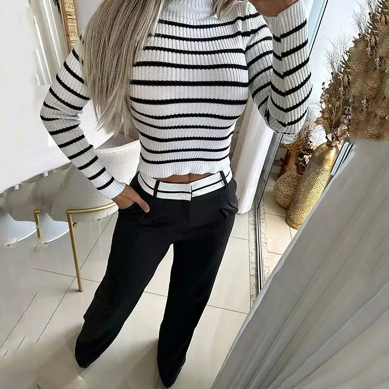 Women Two Piece Set Winter Office Casual Striped Printed Crew Long Sleeve Slim Sweater Top Loose With Pockets Pants Sets