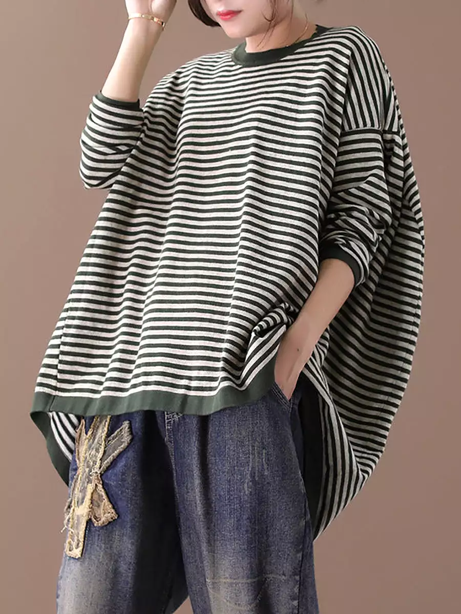 Women Ultra-loose Classic Striped Round Neck Sweater