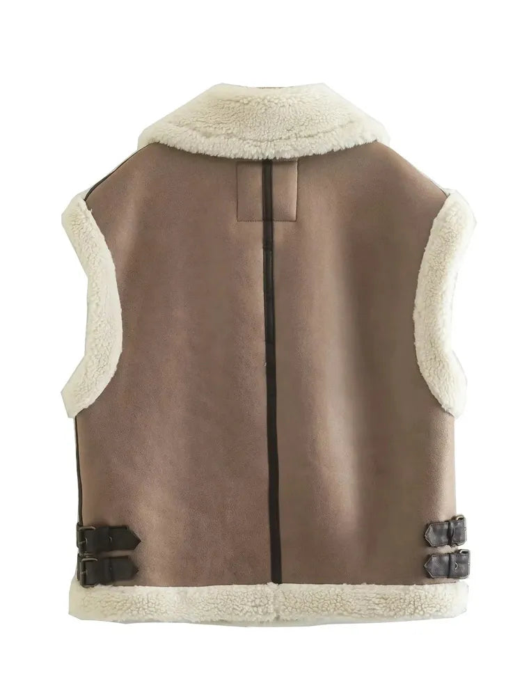 Women Vest 2023 Autumn Winter Stitching Lambswool Imitation Leather Vest Coat