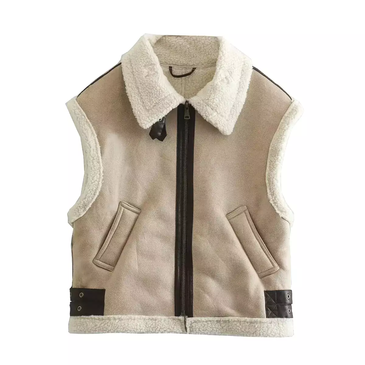 Women Vest 2023 Autumn Winter Stitching Lambswool Imitation Leather Vest Coat