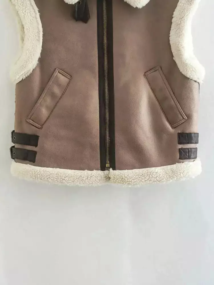 Women Vest 2023 Autumn Winter Stitching Lambswool Imitation Leather Vest Coat