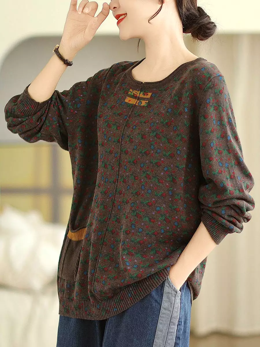 Women Vintage Floral Winter Spliced O-Neck Sweater