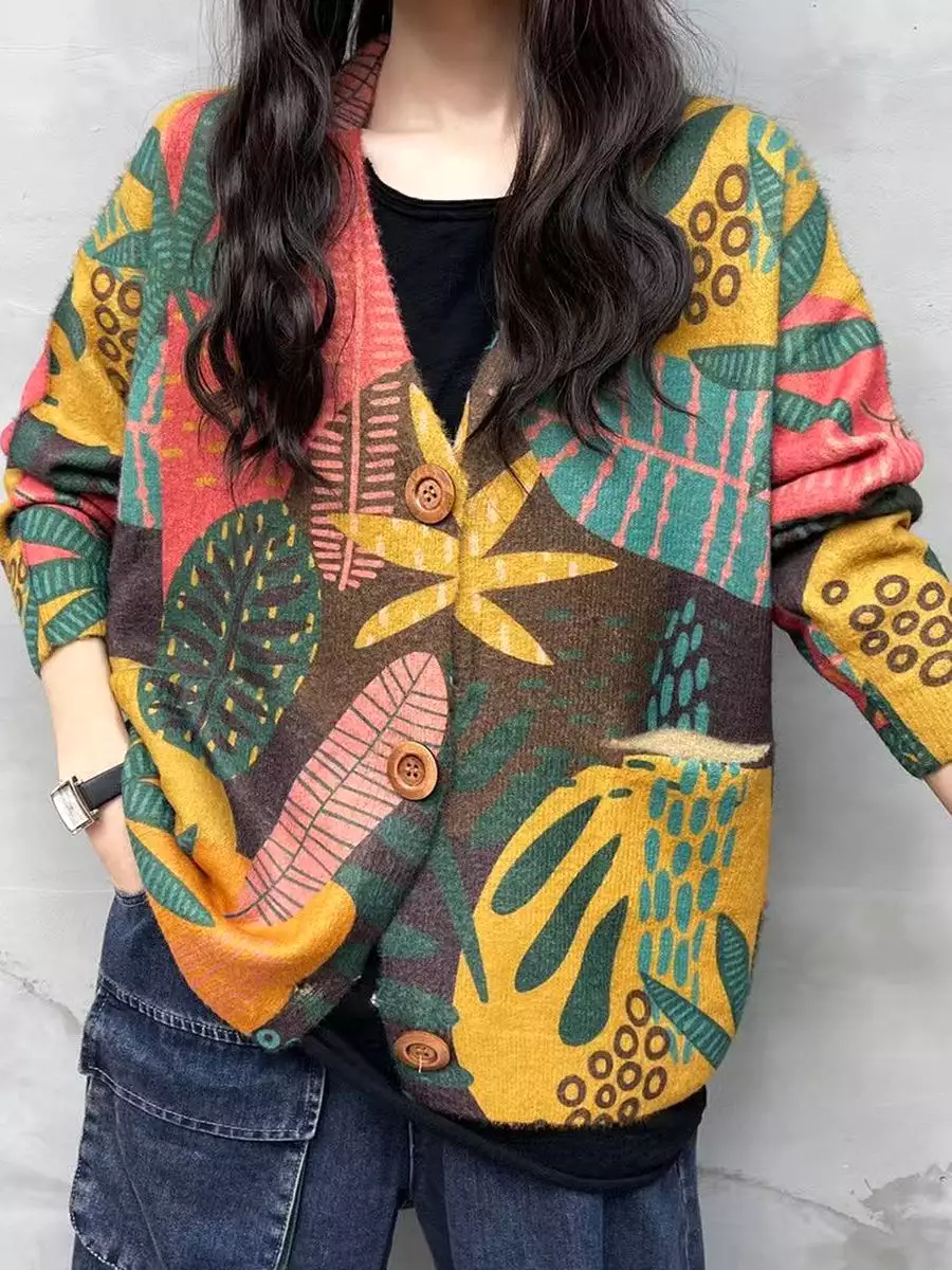 Women Winter Casual Leaf Print V-Neck Cardigan Sweater