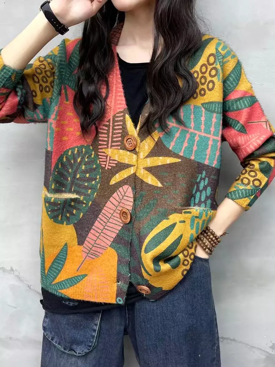 Women Winter Casual Leaf Print V-Neck Cardigan Sweater