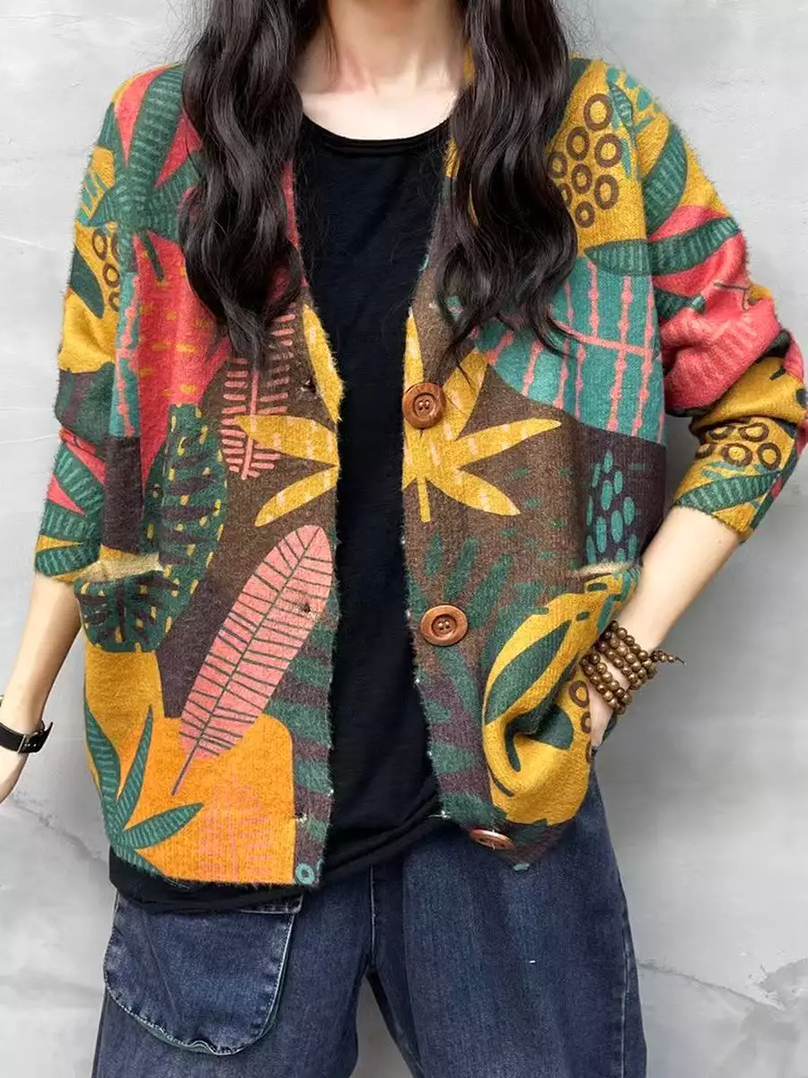 Women Winter Casual Leaf Print V-Neck Cardigan Sweater