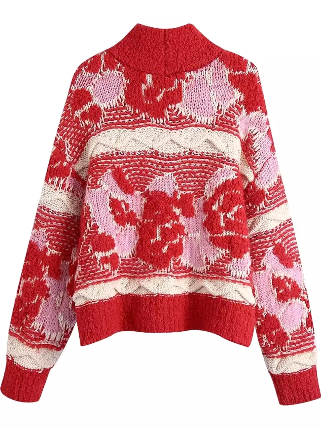 Women Winter Jacquard Knitted Short Red Sweater Pullover Loose Sweaters Jumper