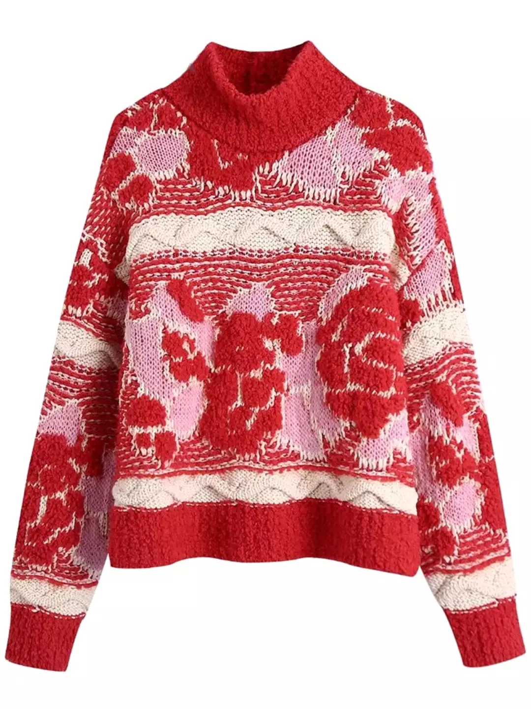 Women Winter Jacquard Knitted Short Red Sweater Pullover Loose Sweaters Jumper