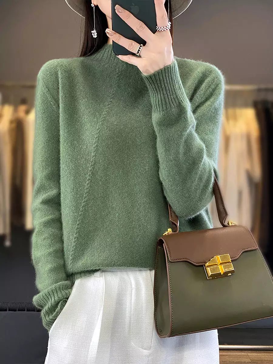 Women Winter Solid Warm Half-Turtleneck Wool Sweater