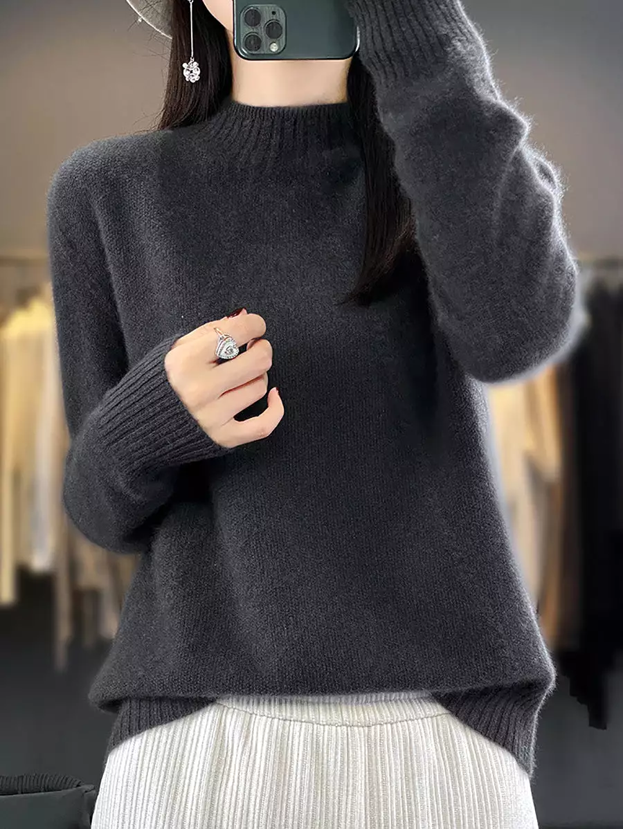 Women Winter Solid Warm Half-Turtleneck Wool Sweater