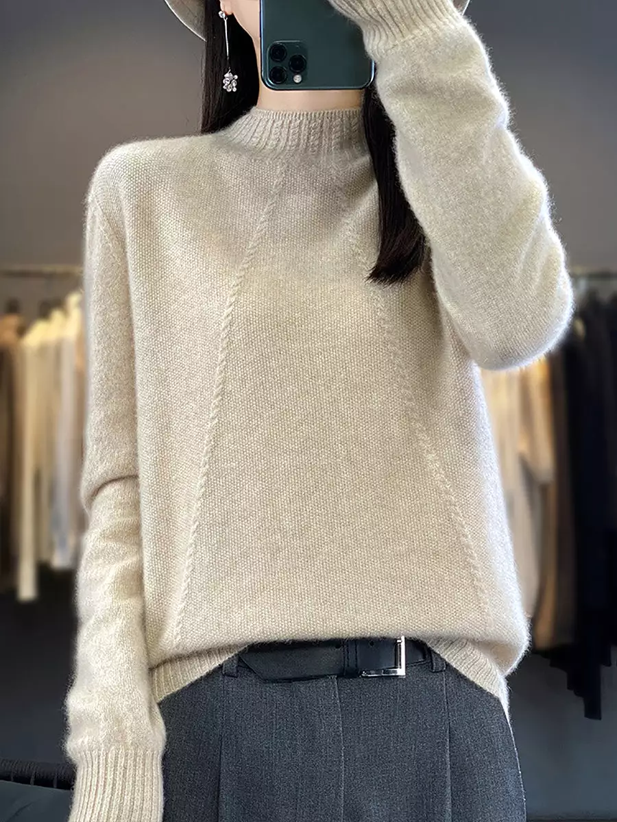 Women Winter Solid Warm Half-Turtleneck Wool Sweater