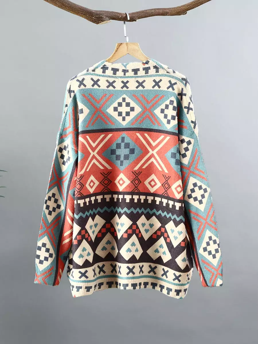 Women Winter V-Neck Geometric Knitted Cardigan Sweater