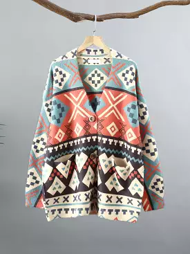 Women Winter V-Neck Geometric Knitted Cardigan Sweater