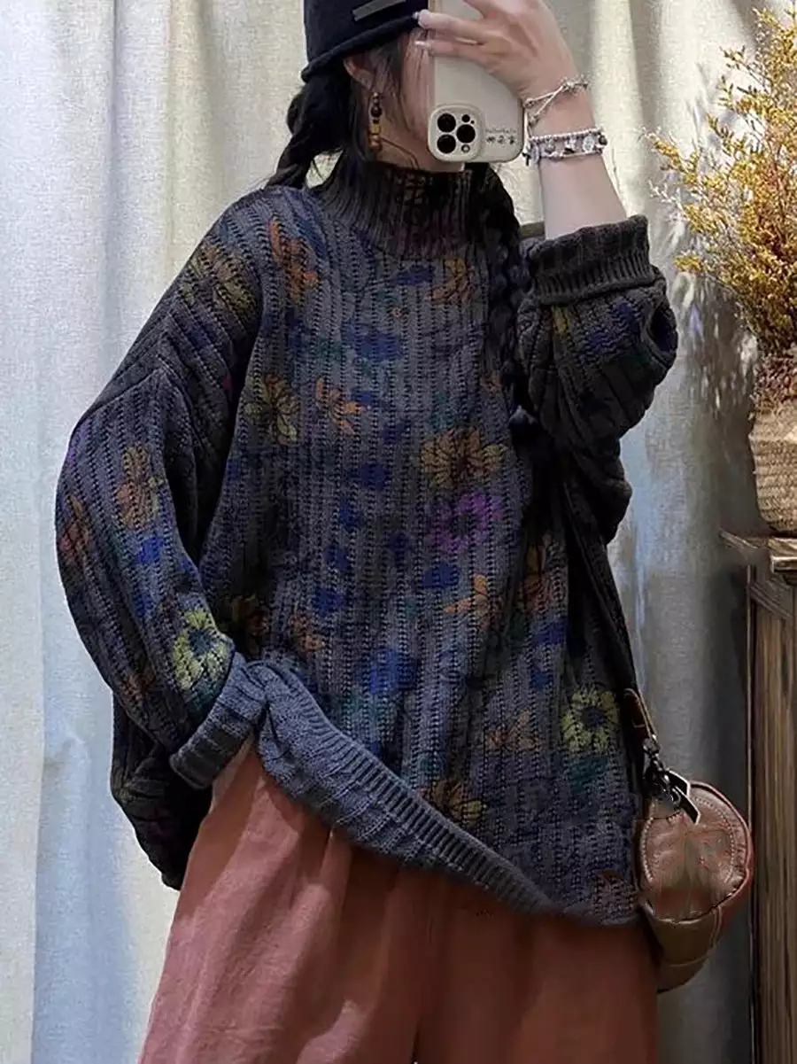 Women Winter Vintage Flower Turtleneck Sweater