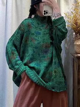 Women Winter Vintage Flower Turtleneck Sweater