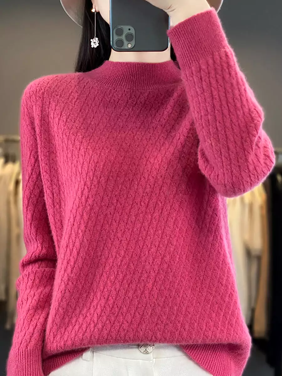 Women Winter Warm Jacquard Half-Turtleneck Sweater