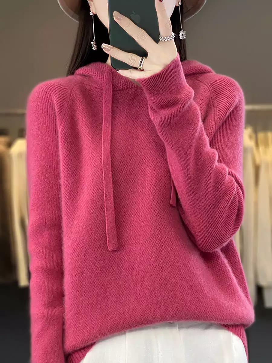 Women Winter Wool Solid Hooded Sweater