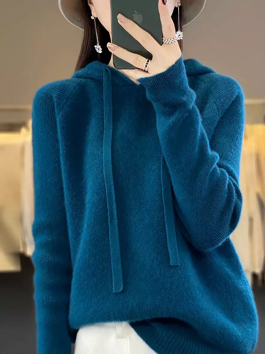 Women Winter Wool Solid Hooded Sweater