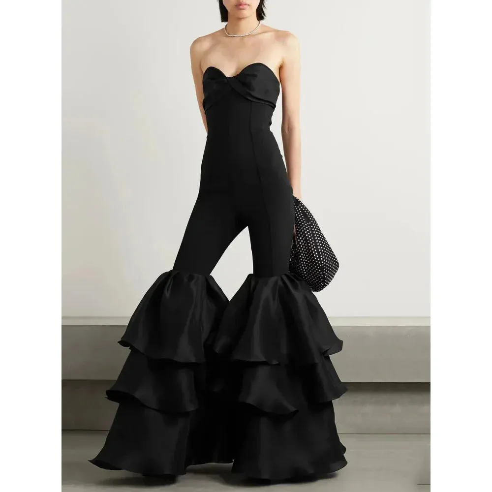 Women's Black Sexy Strapless Ruffled Wide Leg Bodycon Jumpsuit