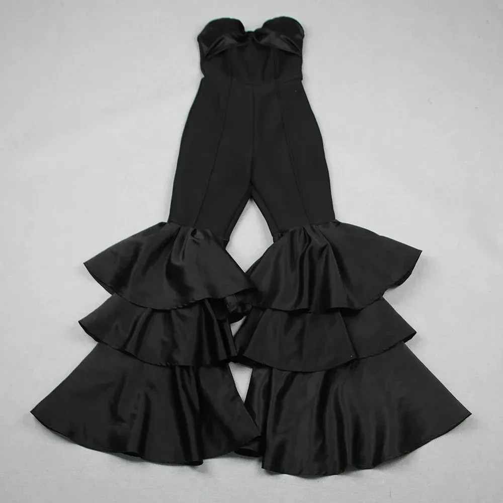 Women's Black Sexy Strapless Ruffled Wide Leg Bodycon Jumpsuit