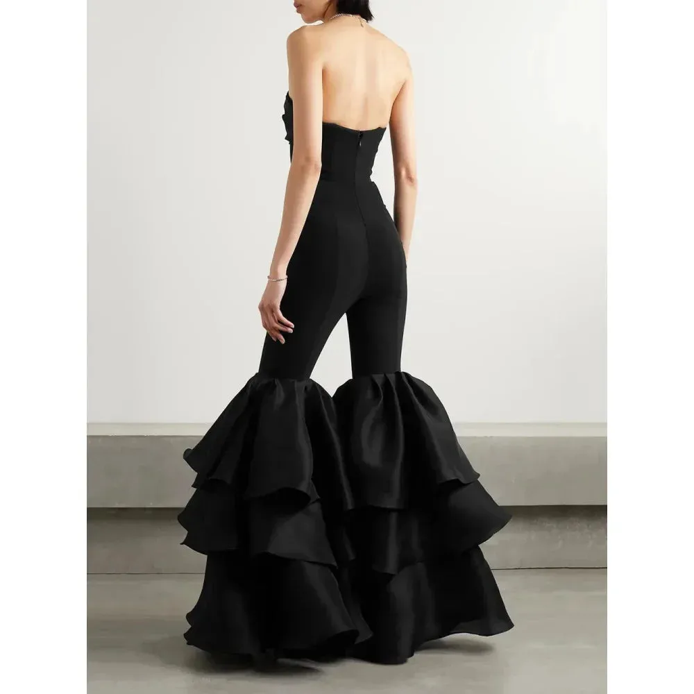 Women's Black Sexy Strapless Ruffled Wide Leg Bodycon Jumpsuit