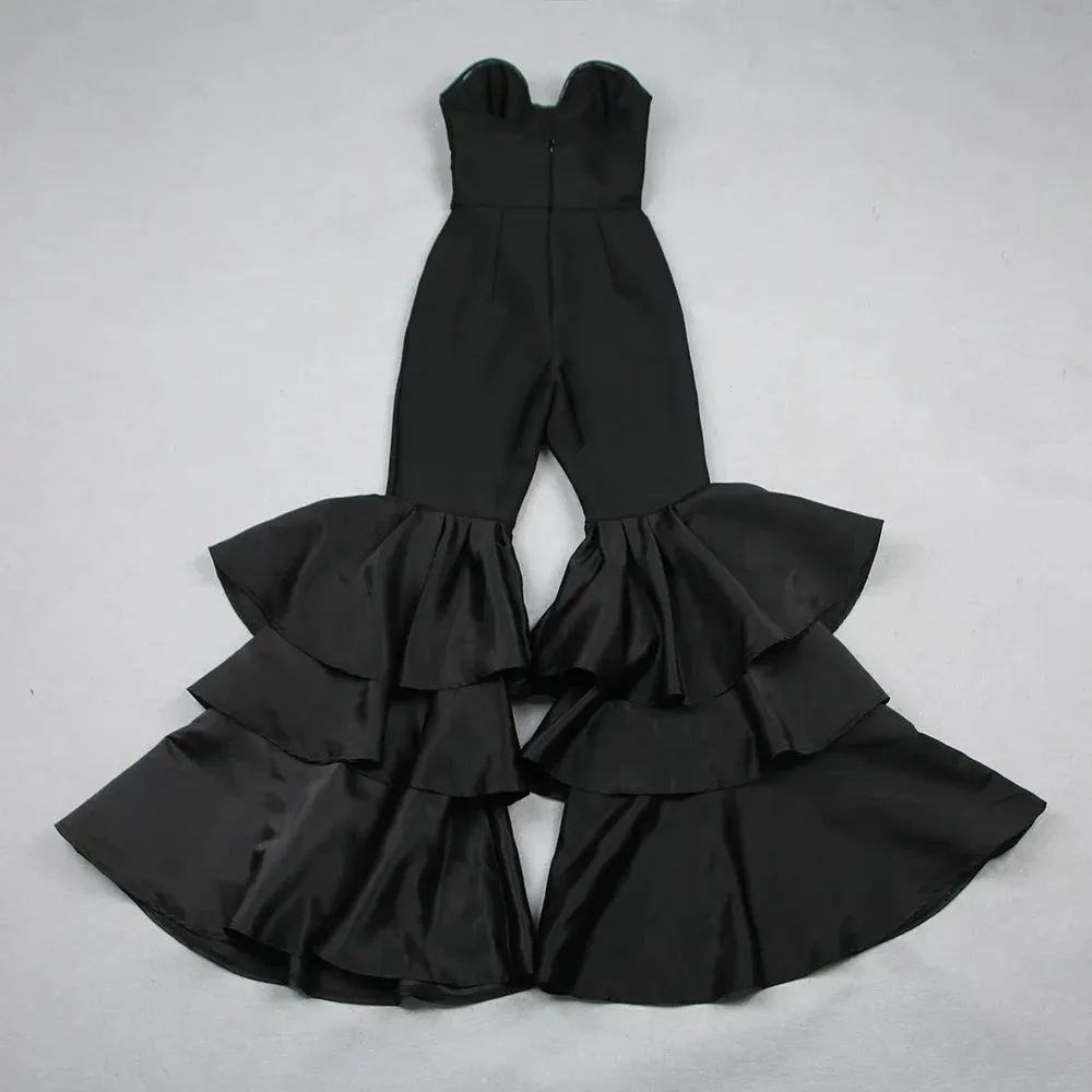 Women's Black Sexy Strapless Ruffled Wide Leg Bodycon Jumpsuit