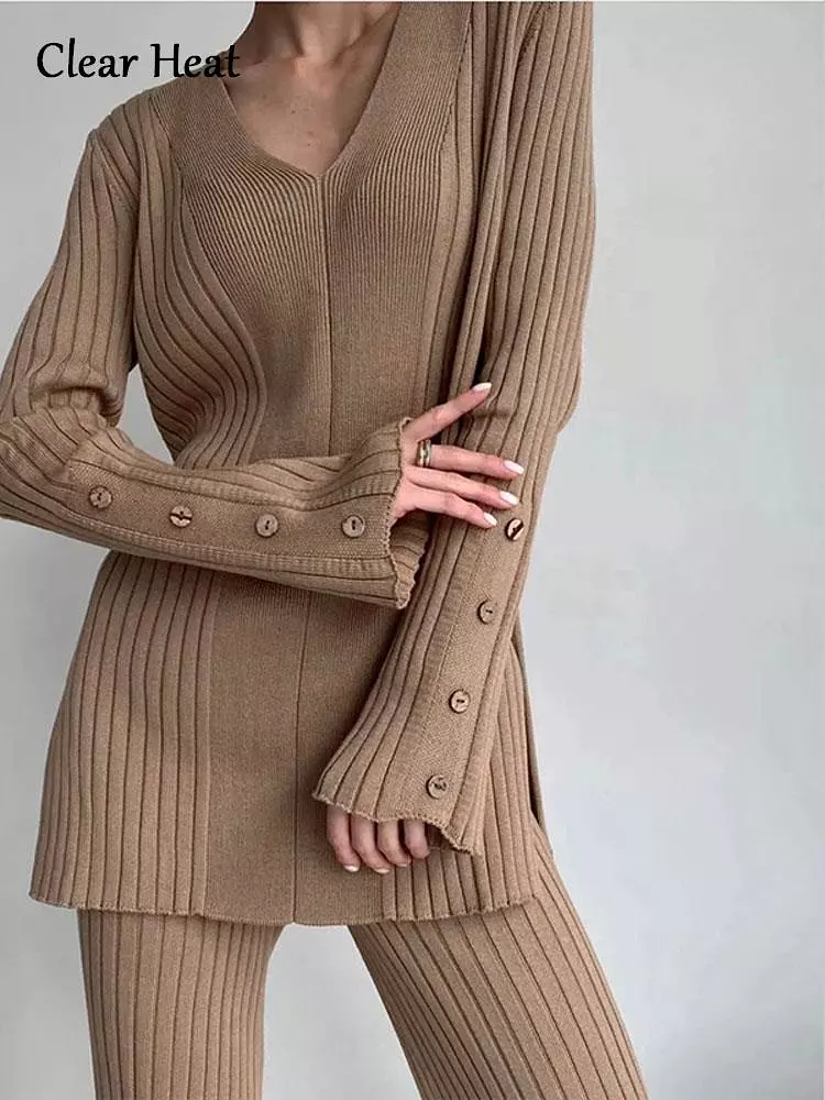 Women's Casual V-neck Side Slit Sweater Pantsuit Lady Fashion Solid Long Sleeve Two Piece Set Top Wide Leg Pants Suit Female