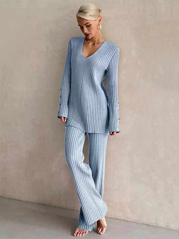 Women's Casual V-neck Side Slit Sweater Pantsuit Lady Fashion Solid Long Sleeve Two Piece Set Top Wide Leg Pants Suit Female