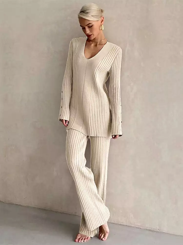 Women's Casual V-neck Side Slit Sweater Pantsuit Lady Fashion Solid Long Sleeve Two Piece Set Top Wide Leg Pants Suit Female