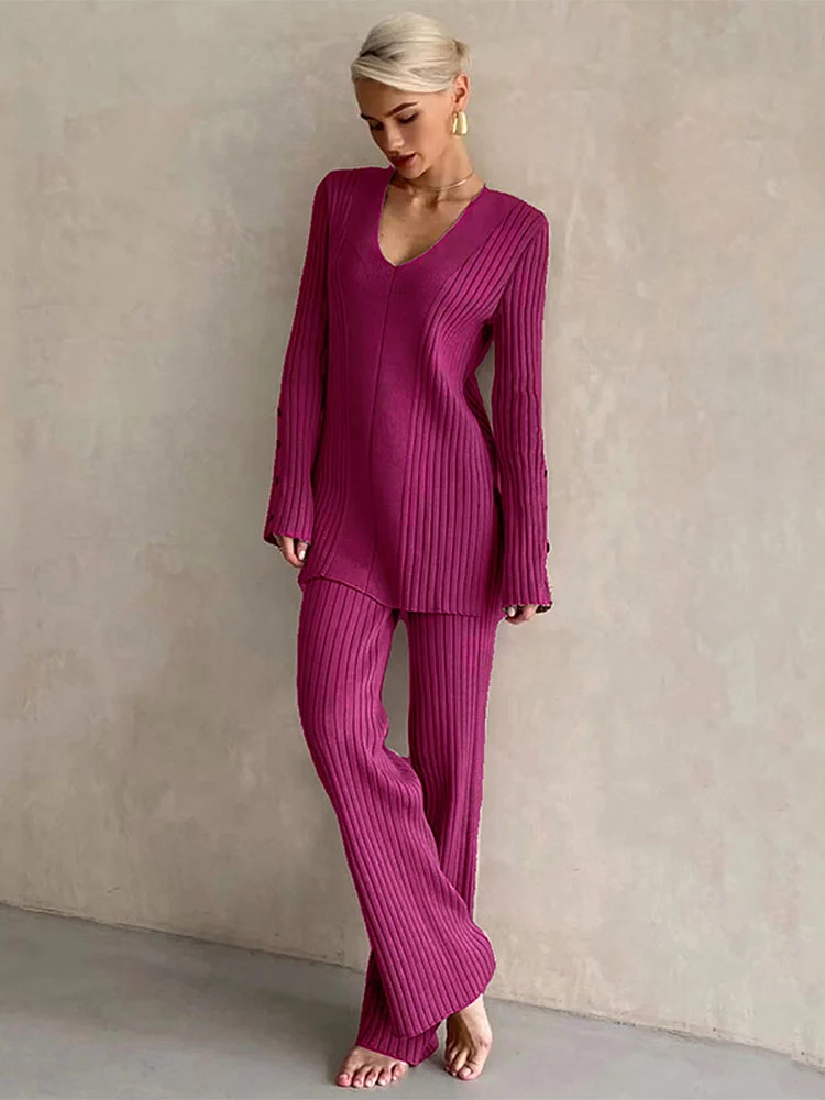 Women's Casual V-neck Side Slit Sweater Pantsuit Lady Fashion Solid Long Sleeve Two Piece Set Top Wide Leg Pants Suit Female