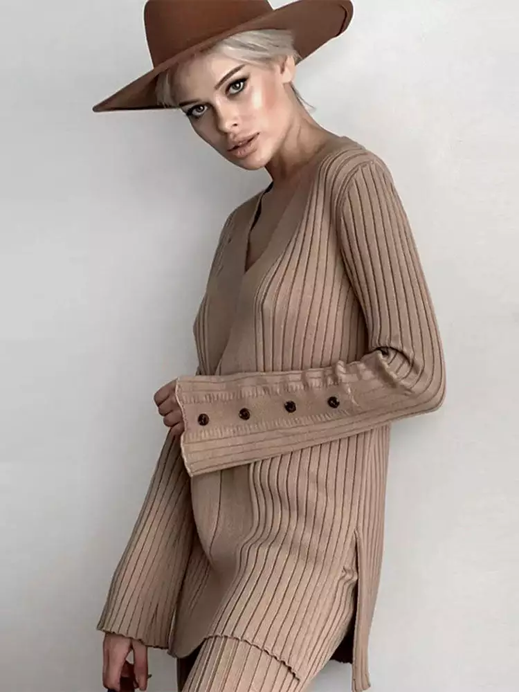 Women's Casual V-neck Side Slit Sweater Pantsuit Lady Fashion Solid Long Sleeve Two Piece Set Top Wide Leg Pants Suit Female