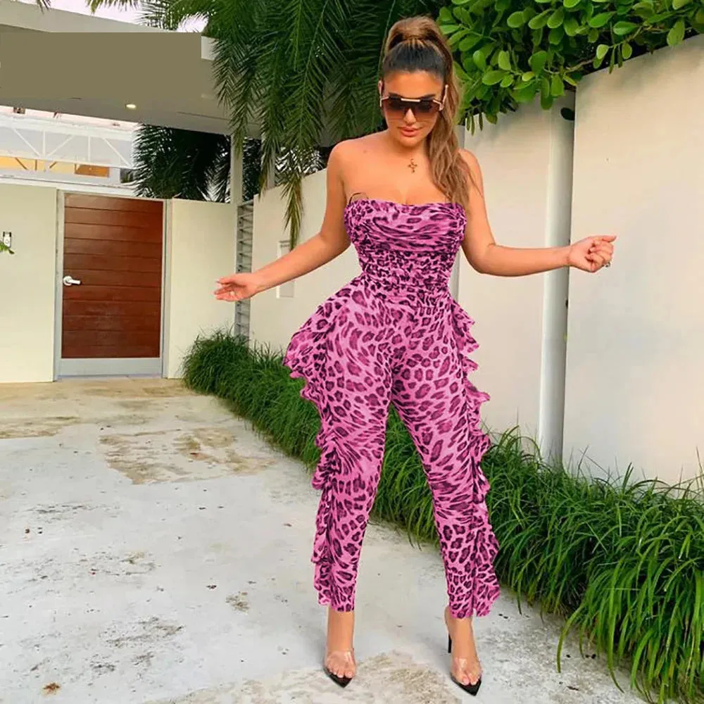 Women's Club Style Strapless Ruffles Leopard Printed See-Through Jumpsuits