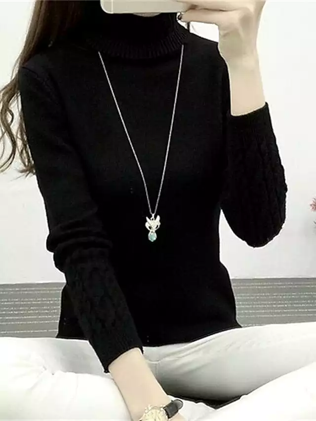 Women's Crochet Knit Turtleneck Pullover Sweater Jumper