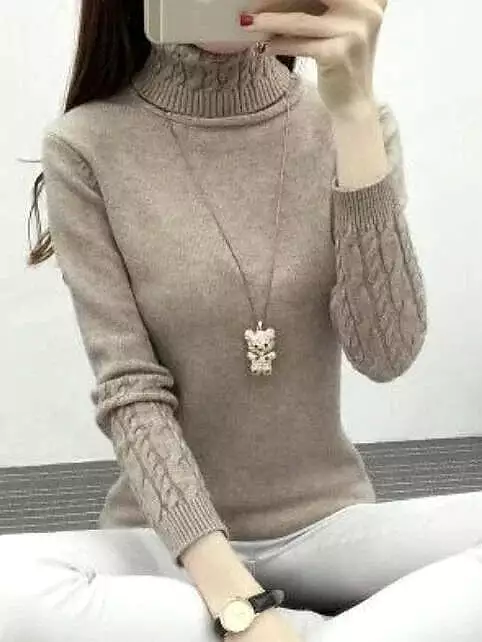 Women's Crochet Knit Turtleneck Pullover Sweater Jumper