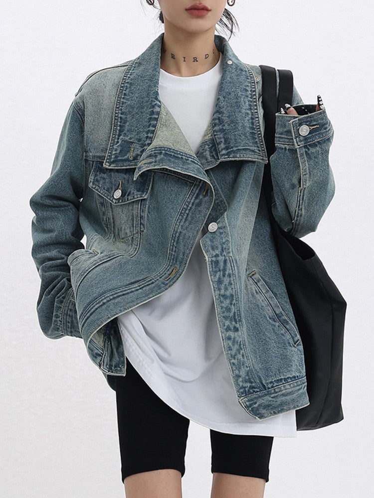 Women's Denim Coat Turtleneck Single Breasted Full Sleeve Patchwork Versatile Jackets