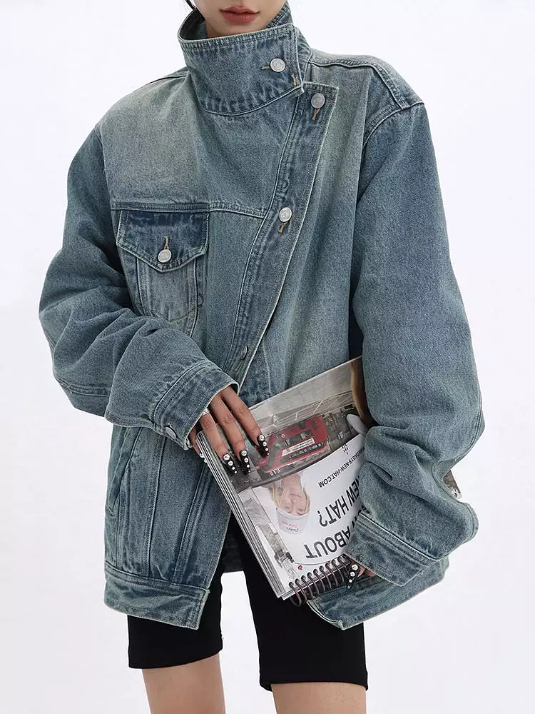 Women's Denim Coat Turtleneck Single Breasted Full Sleeve Patchwork Versatile Jackets