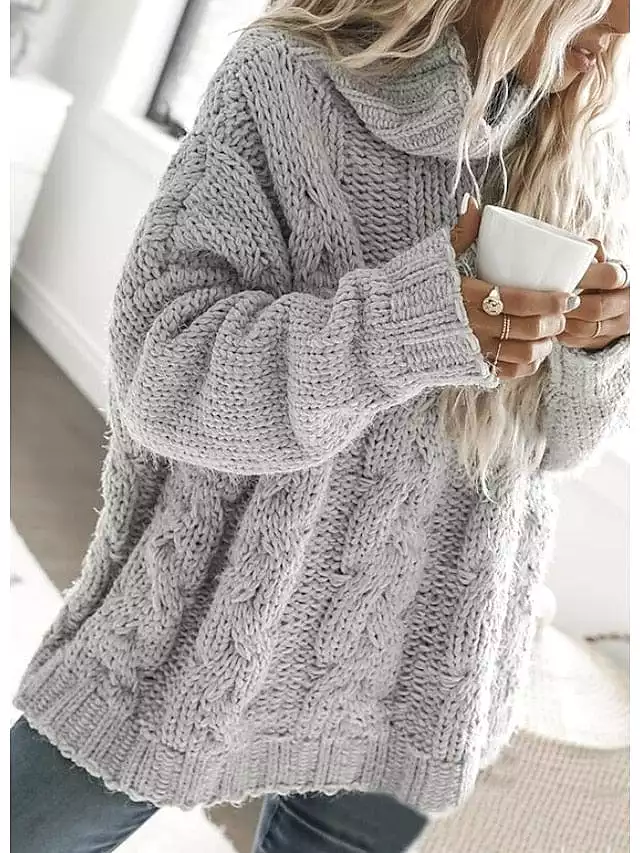 Women's Gray Cowneck Cable Knit Sweater