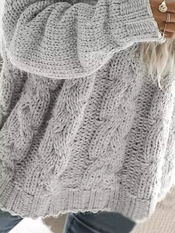 Women's Gray Cowneck Cable Knit Sweater