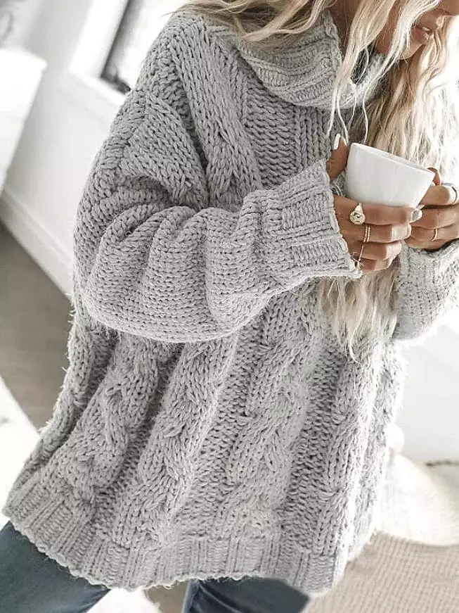 Women's Gray Cowneck Cable Knit Sweater