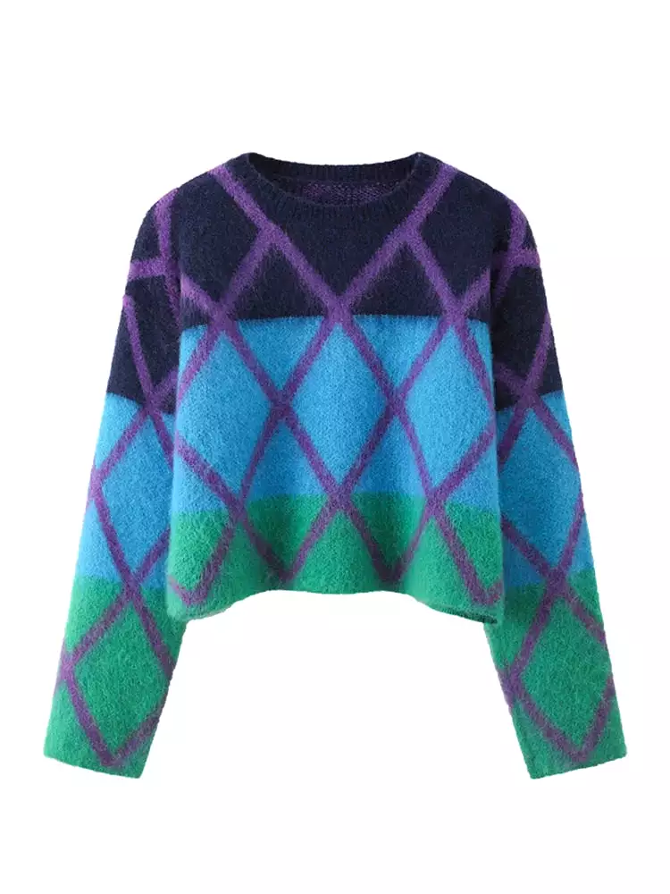 Womens Mohair Sweater For Women Round Neck Long Sleeve Colorblock Knitting Pullovers