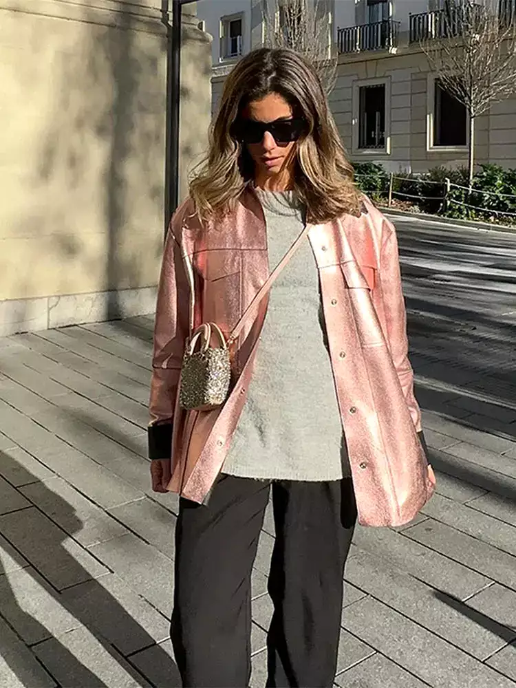 Women's Oversized Pink Jacket Elegant Loose Lapel Long Sleeve Single Breasted Coat Autumn Lady Streetwear Motorcycle Jackets