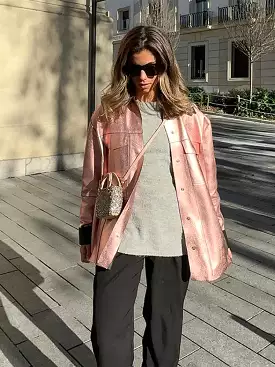 Women's Oversized Pink Jacket Elegant Loose Lapel Long Sleeve Single Breasted Coat Autumn Lady Streetwear Motorcycle Jackets