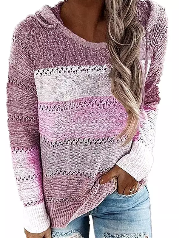 Women's Soft Knit Color Block Pullover Sweater Jumper with Hood