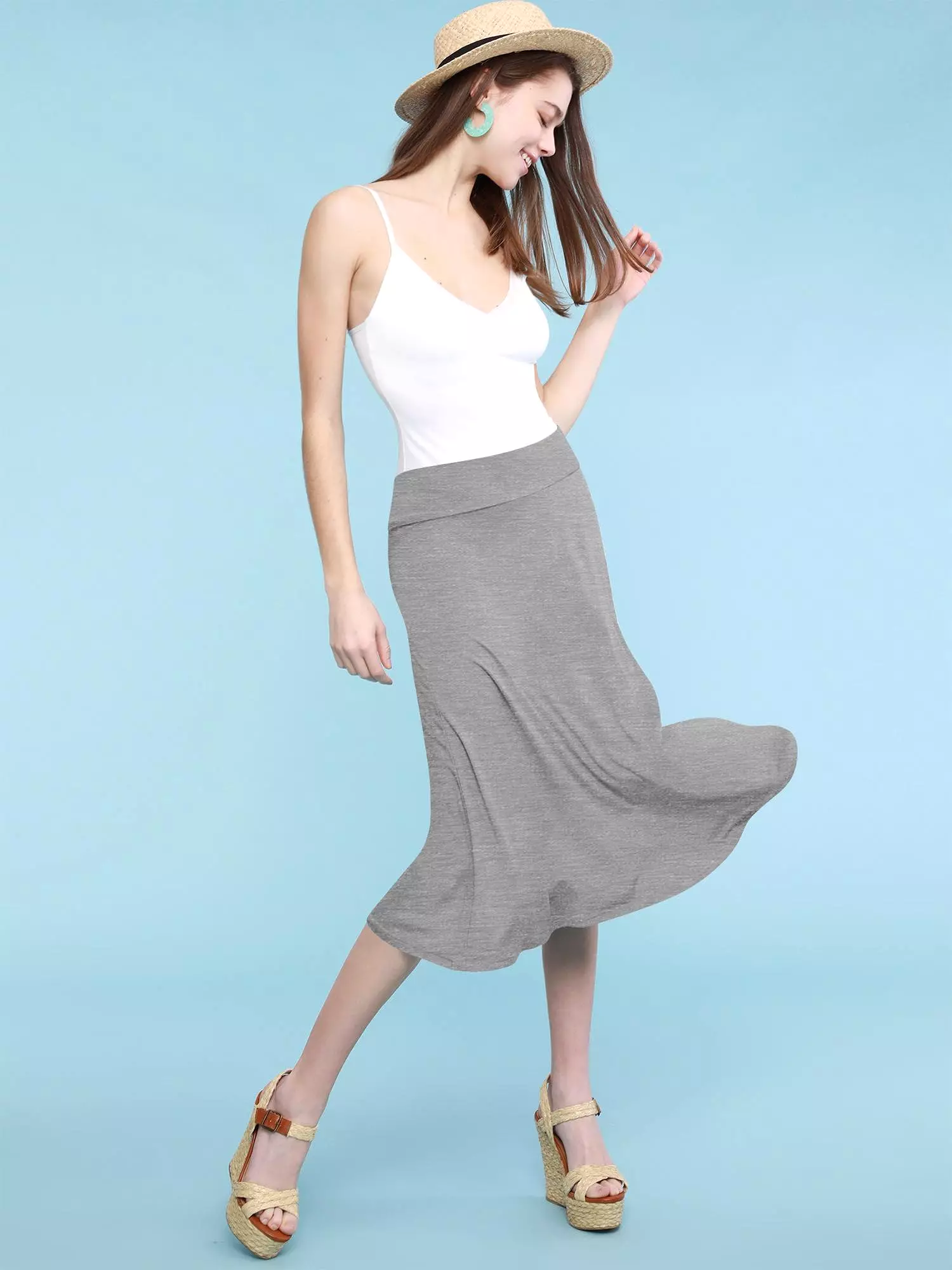 Women's Solid Lightweight Flare Midi Pull On Skirt