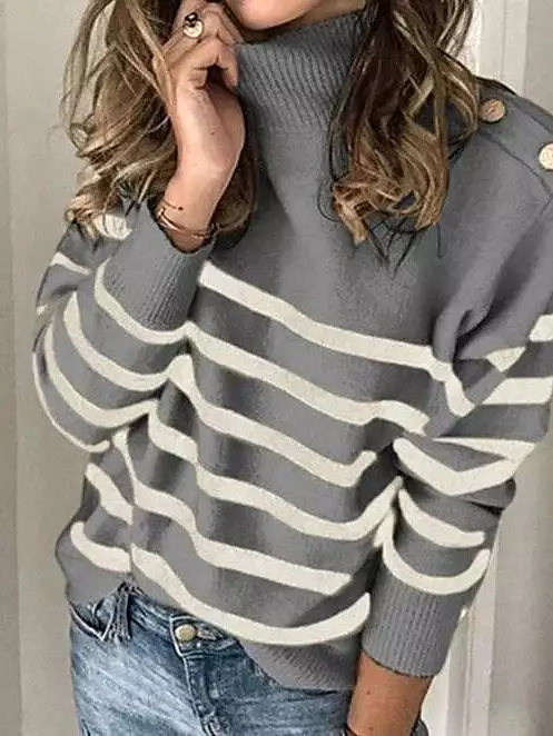 Women's Striped Turtleneck Button Knit Pullover Sweater