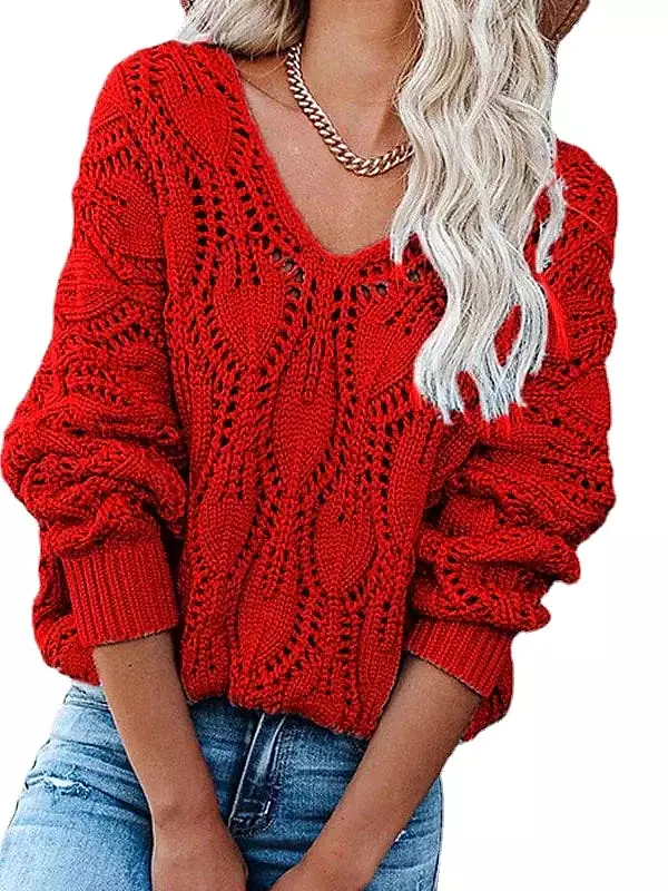 Women's V-Neck Crochet Knit Sweater with Hollow Out Design