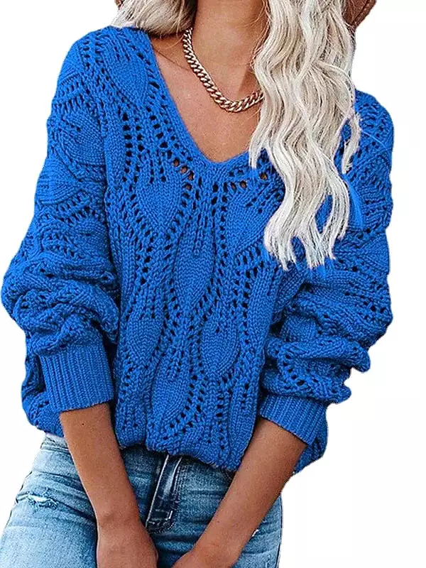 Women's V-Neck Crochet Knit Sweater with Hollow Out Design