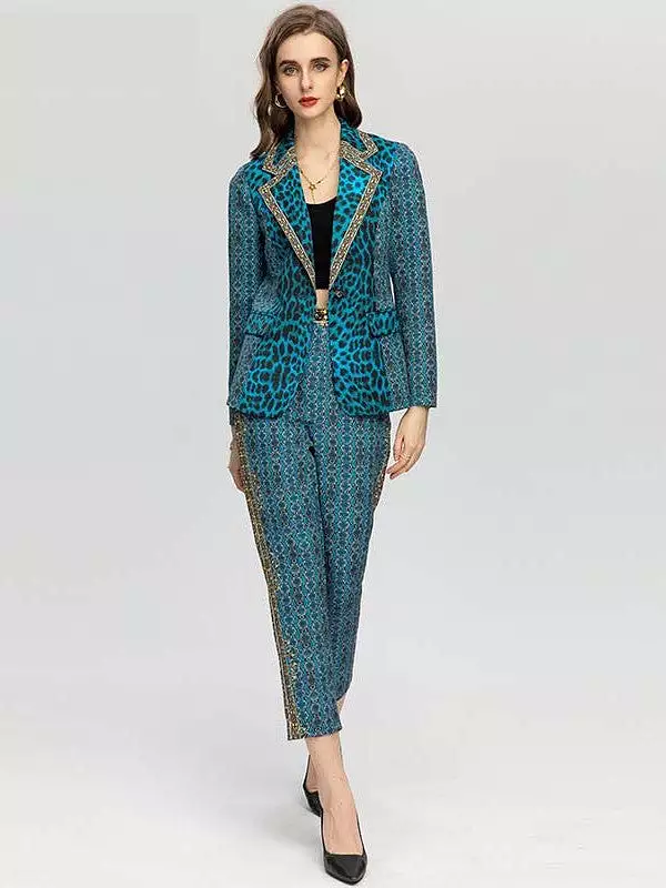 Women's Vintage Blue Leopard Jacket Coat + High waist Pants 2 Piece Suit