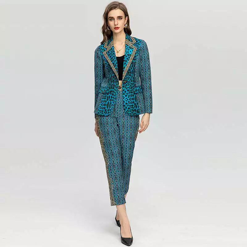 Women's Vintage Blue Leopard Jacket Coat + High waist Pants 2 Piece Suit