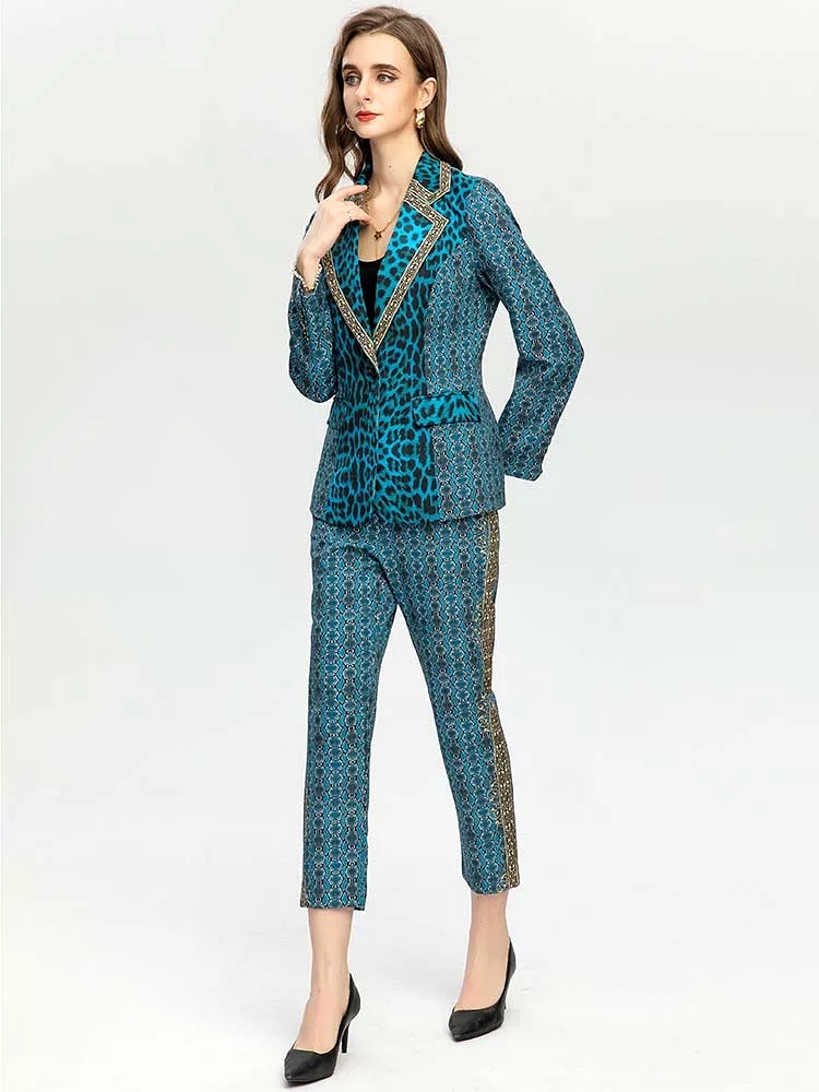 Women's Vintage Blue Leopard Jacket Coat + High waist Pants 2 Piece Suit